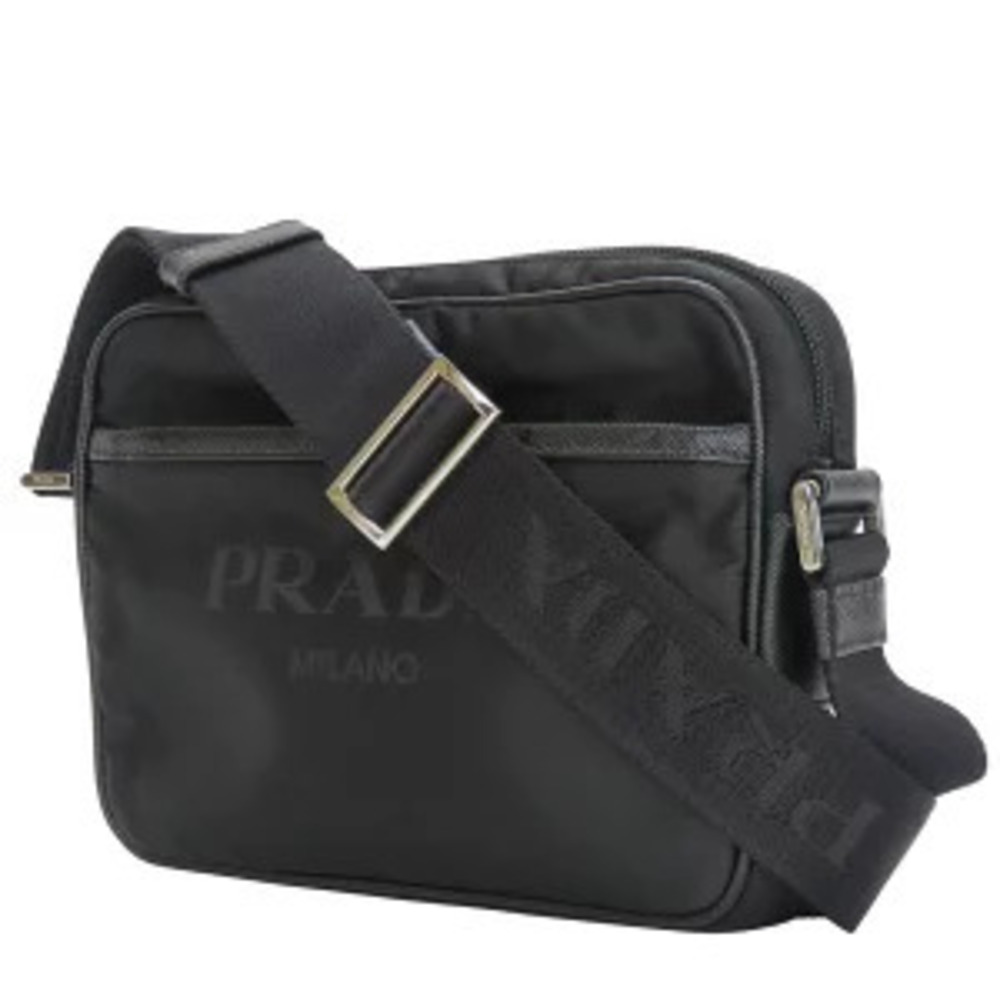 Prada Shoulder Bag Triangle Logo Leather Black Crossbody Saffiano - Picture 2 of 11